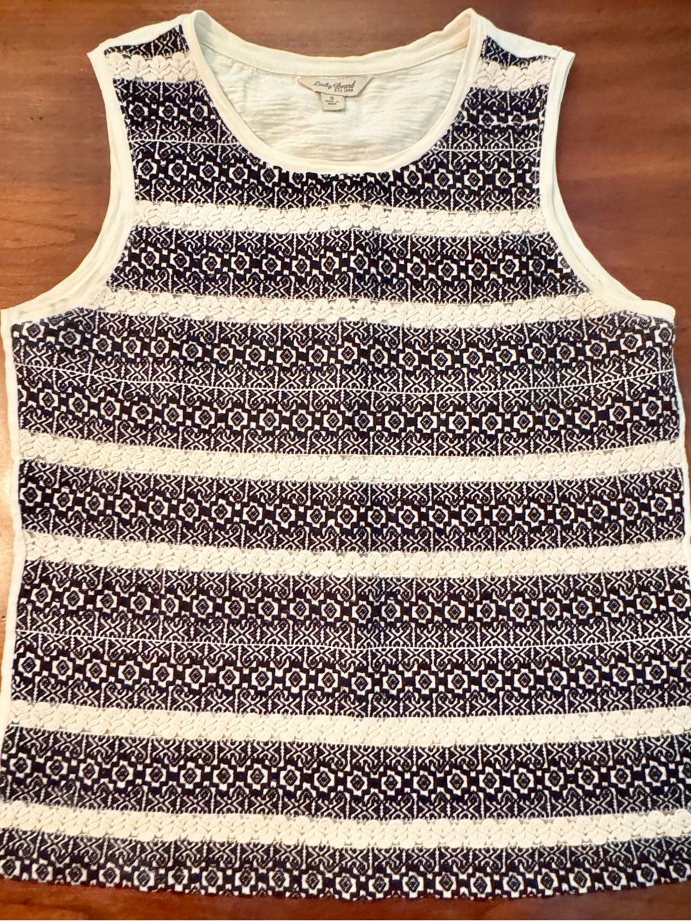 Lucky Brand Navy Cream Boho Sleeveless Cotton Tank Top Small EUC